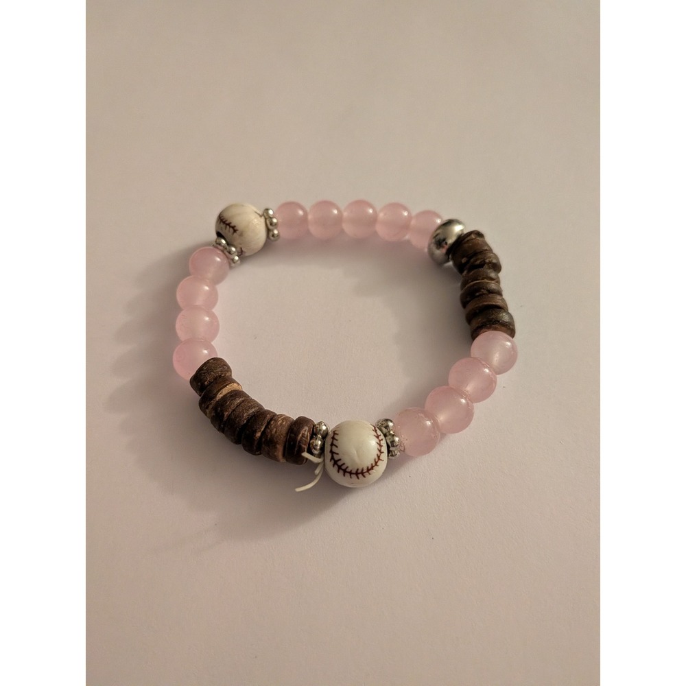 Pink Baseball Beaded Stretch Bracelet Wood Accents Sports Jewelry Women